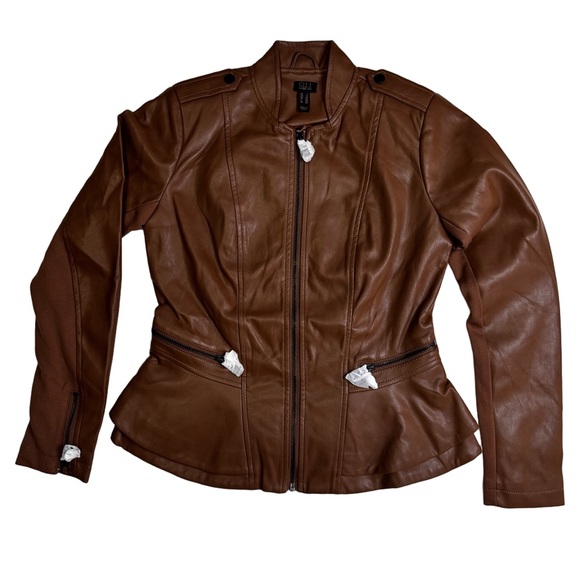 GILI British Tan Leather Peplum Jacket Coat 
Size 2  Zip Front and Sleeves NWT - Picture 3 of 17